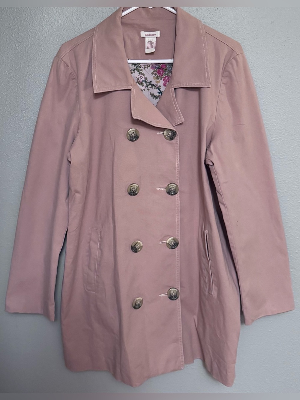 Sundance Double-Breasted Fielding Pea Coat, Tan with Floral Lining